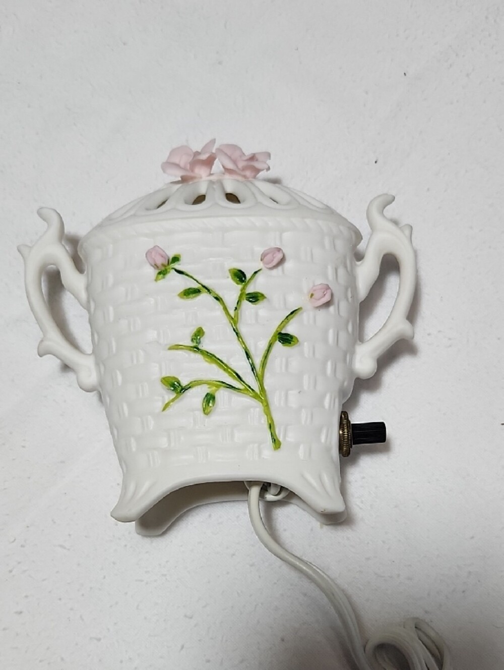 White Ceramic Floral Night Light with Pink Rose Accents
